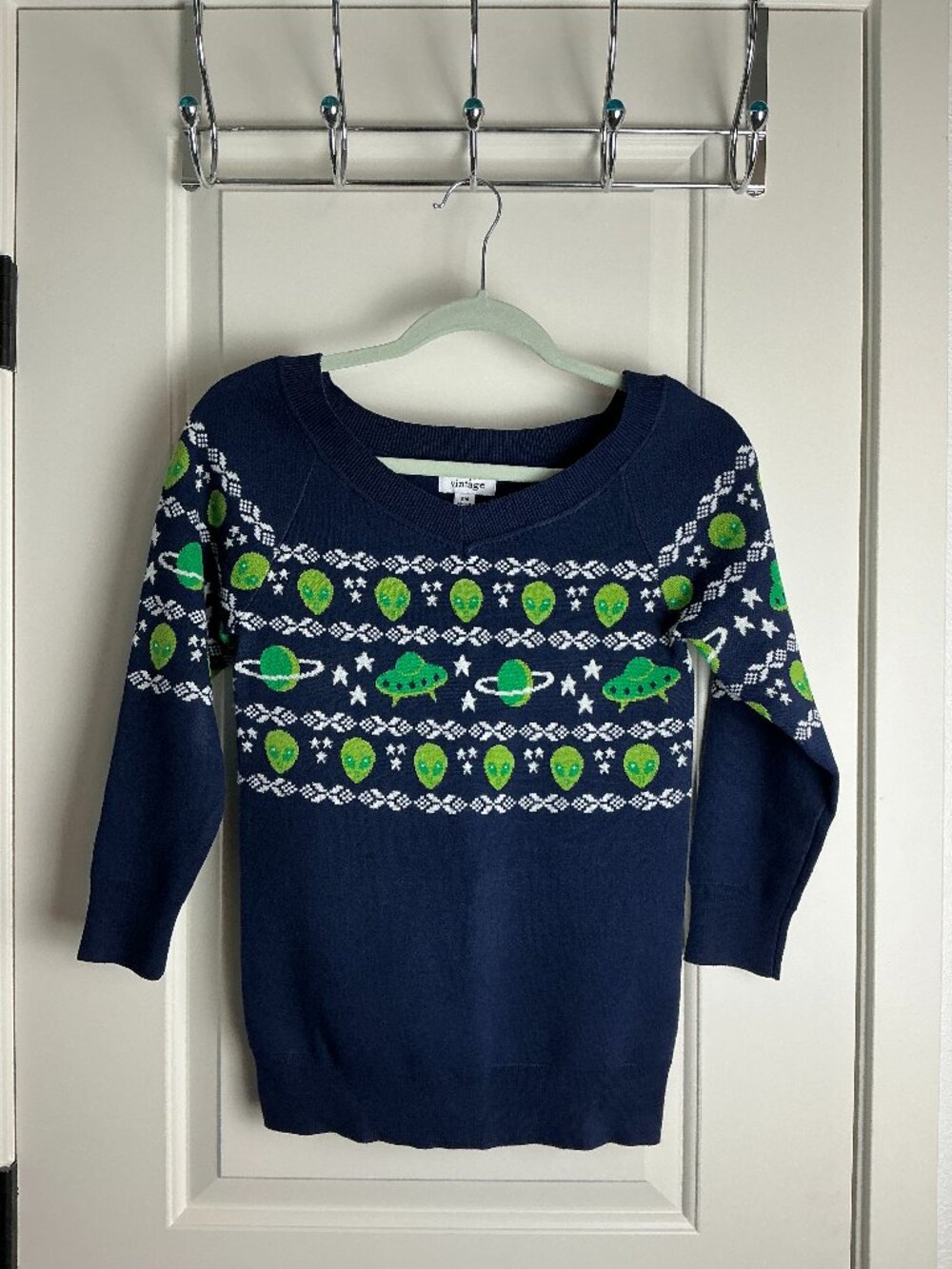 Unique Vintage Alien UFO Sweater Women's Small Blue Space Planet Novelty Sweater